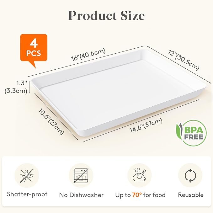 Lifewit 4 Pcs Extra Large Serving Tray for Party, 16" x 12" Reusable Plastic Food Serving Platter for Dessert, Fruit, Cookie, Appetizers & Charcuterie, BPA-Free White Catering Trays for Buffet Display