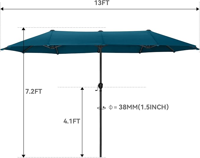GREEN PARTY 13ft Rectangle Patio Umbrella, Double Sided Outdoor Table Umbrella with Crank & 1.5" Pole, Large Market Umbrella for Poolside Garden Deck Backyard, Cerulean