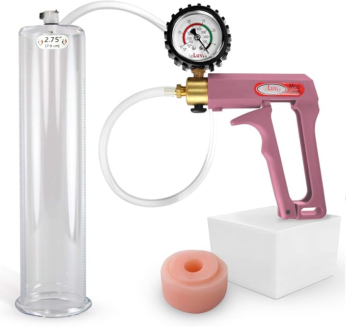 LeLuv Penis Pump Maxi Pink Nylon Handle + Protected Gauge - Bundle with Clear Hose, Silicone Donut Seal - 12 inch Length x 2.75 inch Diameter Cylinder