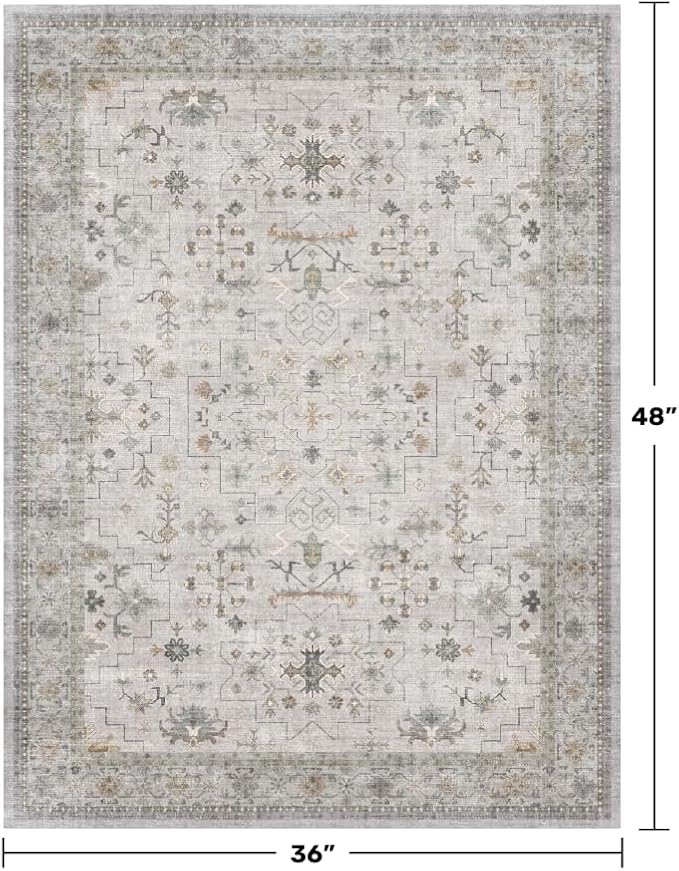 Boho Large 3x4 Bathroom Rug - Washable Low Pile Non-Slip Area Rugs for Entryway, Kitchen, Bedroom Beside Bed, Modern Vintage Neutral Light Gray & Sage Geometric Floral Decor