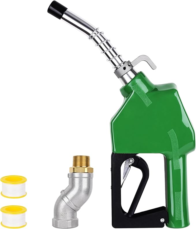 3/4" Green NPT Fuel Transfer Nozzle Kit, High Flow Auto Shut-Off Fuel Nozzle with 360° Hose Swivel, Suitable for Diesel, Gasoline, Kerosene (13/16" Spout, 3 Gear Padlock, 16 GPM)