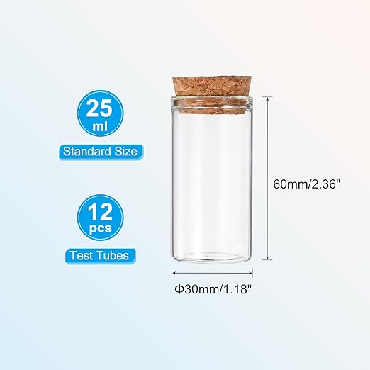 PATIKIL 25ml Test Tubes, 12pcs 2.36x1.18 Glass Clear Flat Bottom Test Tube Containers with Cork Stopper for Bead Party Candy Bath Salt Storage Scientific Experiment Plant Propagation
