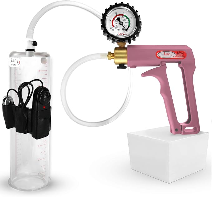 LeLuv Vibrating Penis Pump Maxi - Pink Nylon Handle + Protected Gauge and Clear Hose - 9 inch Length x 2.50 inch Diameter Cylinder