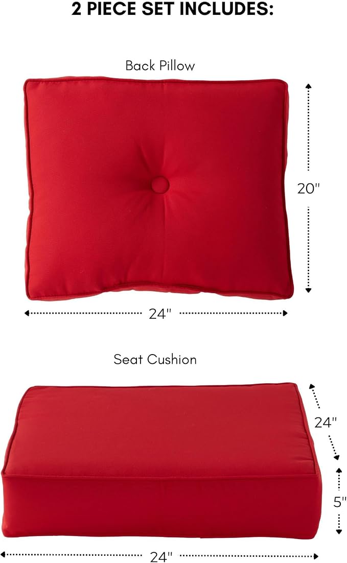 Sunbrella Deep Seat Cushion Set – Seat & Back Cushions for Patio Chairs, Sofas & Loveseats – Fade Resistant Outdoor Fabric, Ties, Zippered Cover, Cord Trim, Canvas Jockey Red