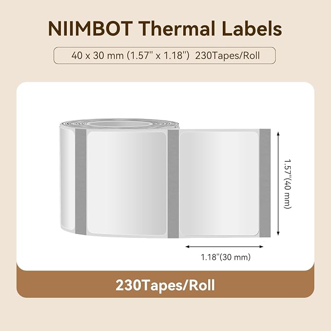 NIIMBOT Labels for B1/B21/B31 Label Maker, 40 x 30 mm (1.57'' x 1.18'') 230 Tapes/Roll, Thermal Label Tape, Waterproof, Oil-Proof for Home Office Small Business Labeling Tape Replacement(Clear)