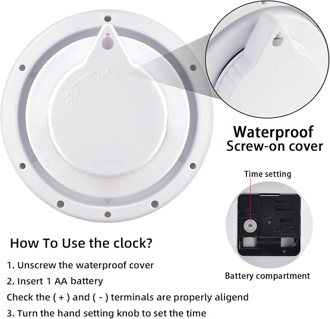 Caysie 6.5 Inch Sealed Small Indoor Outdoor Clock Waterproof, Hanging or Standing Silent Battery Operated Wall Clocks for Pool Patio Bathroom Shower (White)