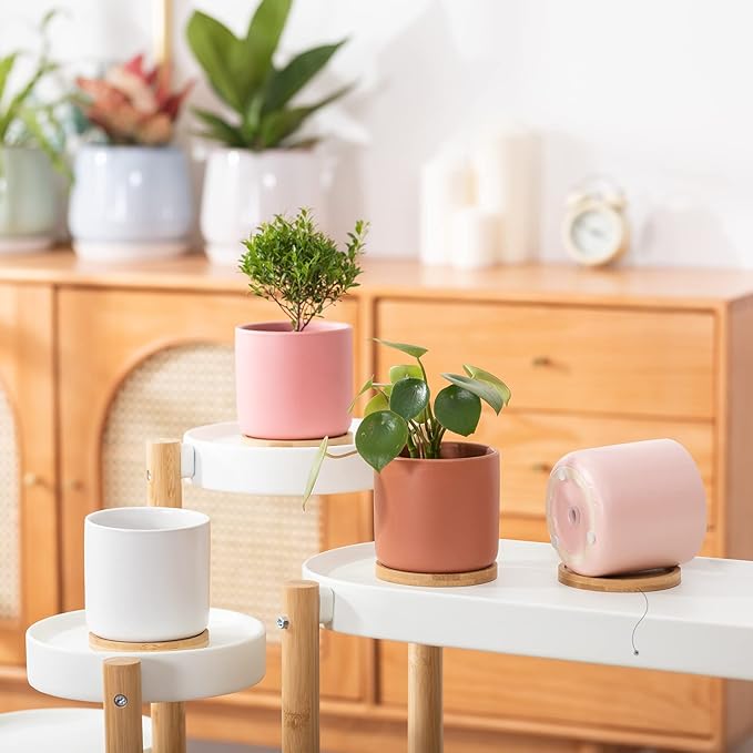 4 Inch Ceramic Plant Pot with Saucer, Multicolor Planters Pots with Drainage Hole and Mesh Pads for Succulent, Indoor Flowers, Snake Plants, Cactus, Herbs, Set of 4 (Plant Not Included)