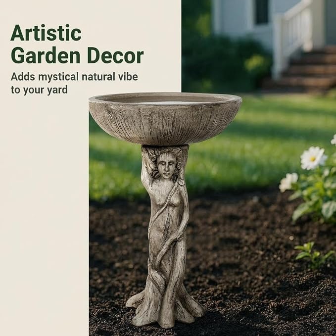 SunJet 25” High x 17” Diameter Outdoor Bird Bath with Goddess Pedestal Design - Fibre Reinforced Concrete Birdbaths for Garden, Patio, Yard, Lawn Décor