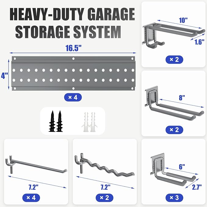 Garage Tool Organizer Wall Mount 66 inches with 13 Adjustable Heavy-Duty Hooks, Garage Organization, Garden Tool Storage Rack, Yard, and Shed, Holds Up to 520 lbs (Grey)