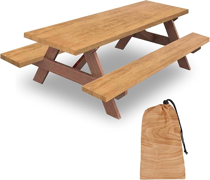 8ft Picnic Table and Bench Cover, Camping Essentials RV Gear, 96 in Waterproof Windproof Outdoor Elastic All Around Tablecloth, Fitted Rectangle Tables and Seats, Wood Grain