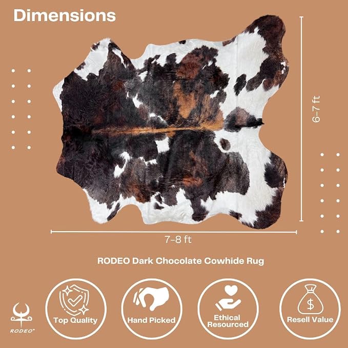 rodeo Genuine Cowhide 6x8 ft – Real Cow Hide Rug Dark Tricolor Brindle – Natural Hair-on Cow Skin Area Rug for Living Room, Western Rug Home Décor, Rustic Brown and White Cow Print Carpet