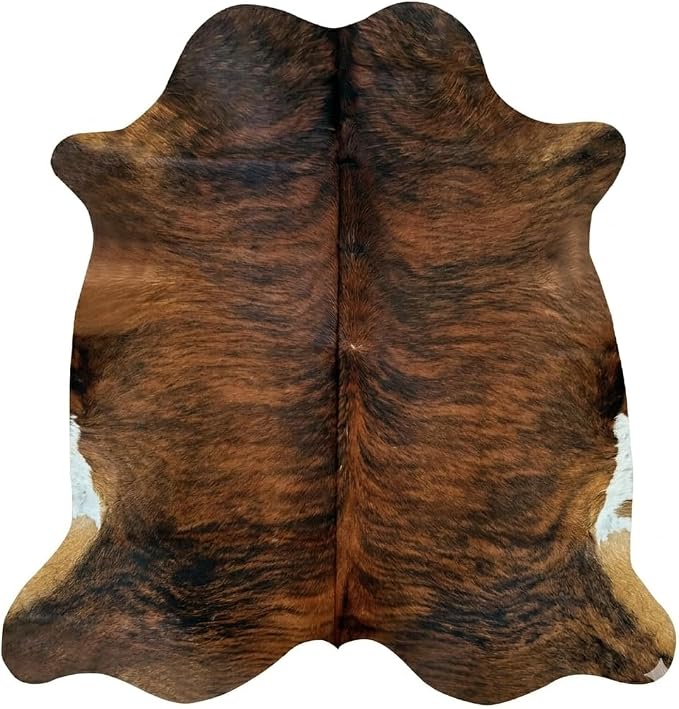 Brindle Cow Hide Rug 5x6 ft, Genuine Hair on Hide | Real cowhide rug, brown and black brindle stripes, no two alike. Cow skin statement piece, modern to southwestern decor