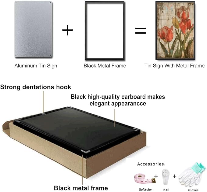 Metal Sign Tin Sign Vintage Wall Art Shabby Chic Tulips Tin Sign for Rustic Elegance Vintage Style and Distressed Wood Panels Tin Sign Garden Gift for Pub 6×8 Inches with Metal Frame