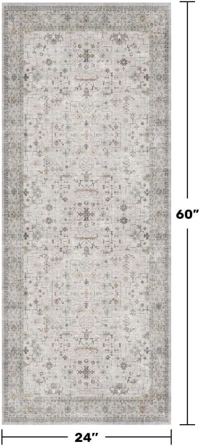 Boho 2x5 Floral Bathroom Runner Rug - Washable Low Pile Runner Rugs for Laundry Room, Door Mat Indoor Entrance, Neutral Light Gray & Sage Geometric Decor & Stain Resistance