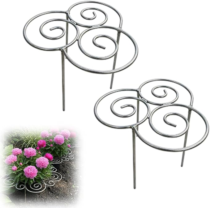 Peony Cages and Supports Support Rings Metal Garden Plant Support Cage Decorative Grow Through Flower Hoops for Peonies Dahlias Roses Hydrangeas Outdoor Plants (Silver,S - 2pcs)