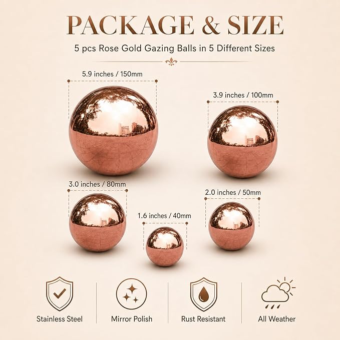 Gazing Ball Garden Mirror Outdoor - Outside Decorative Globe Rose Gold 5Pcs | Metal Polished Reflective Sphere, Stainless Steel Hollow Decoration Ornament for Home Pond Swimming Pool Housewarming Gift