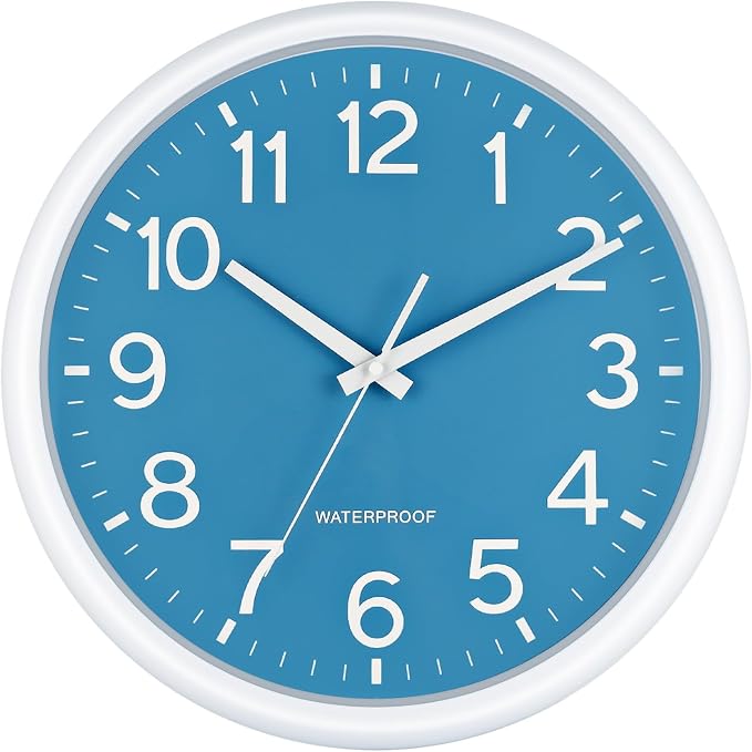 Caysie 16 Inch Sealed Large Outdoor Clock Waterproof, Silent Battery Operated Weatherproof Wall Clocks for Pool Patio Outside Home (White Blue)