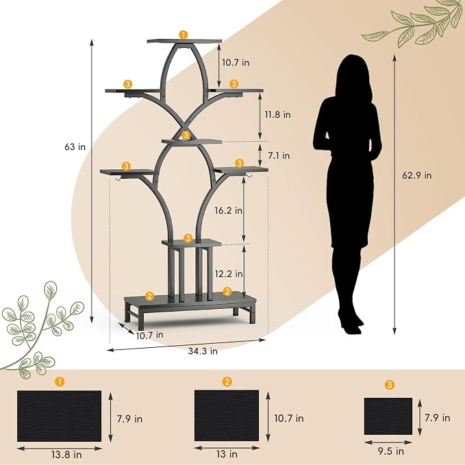 Plant Stand Indoor with 4 Grow Lights - 63" Tall Plant Shelf- 8 Tiered Corner Plant Flower Stands Display Shelves for Home, Patio (Black)