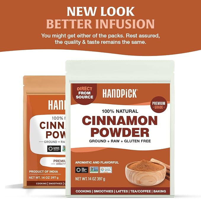 HANDPICK, Cinnamon Powder (397g/14oz) Non GMO, Gluten Free, 100% Raw, Sourced from South India, For Cooking, Smoothies, Lattes, Tea, Packed in Resealable Ziplock Pouch