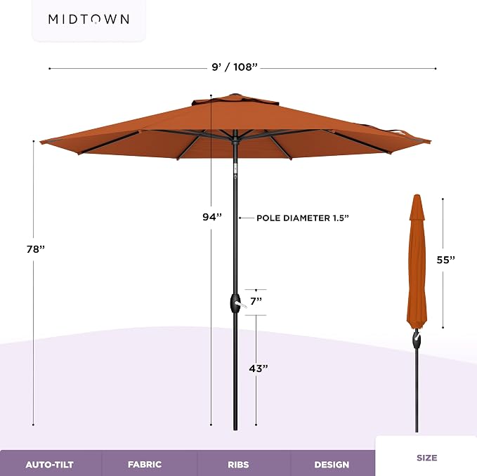 Midtown Umbrellas - 10-Year-No-Fade 9 Ft Patio Umbrella with Terylast Fabric, Auto-Tilt Aluminum Frame and 8 Reinforced Ribs for Deck, Pool, Garden & Beach - Dark Orange Canopy, Black Pole