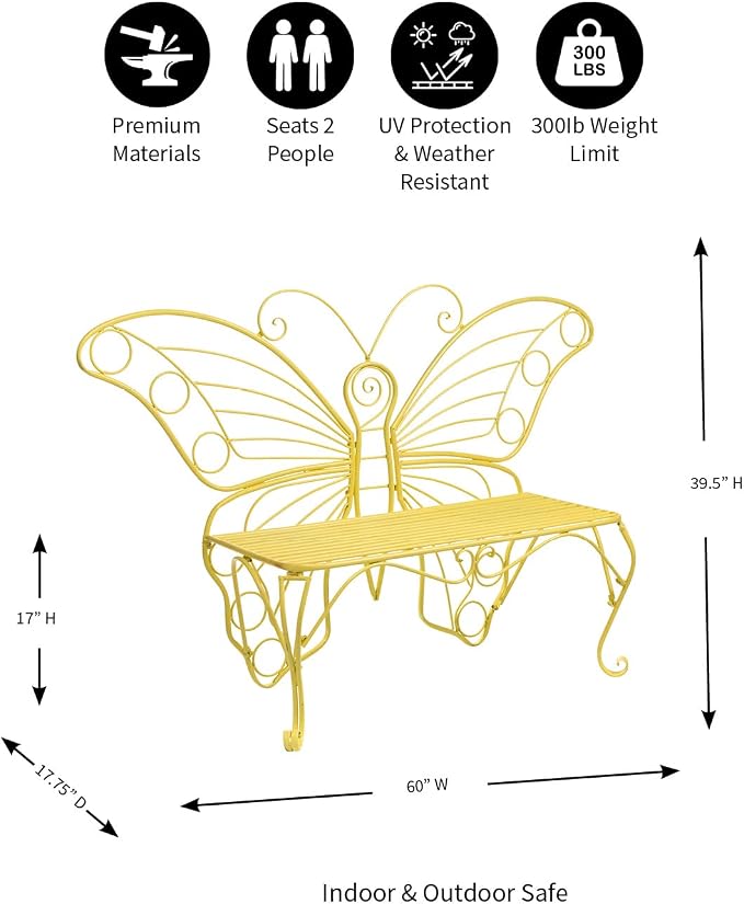 Plow & Hearth Weatherproof Butterfly Outdoor Bench | Holds Up to 300 lbs | Garden Patio Porch Park Deck | Metal | Yellow