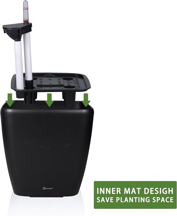 Dexceder 18x17 Self Watering Planter with Wheels (Black Matte) | Inner Mat Design, Thickened Large Floor Standing Flower Plant Pot with Water Level Indicator Indoor Outdoor