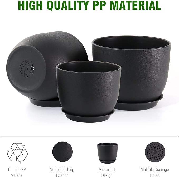 WSMKSZ 10/9/8 inch Medium Plant Pots, 3 Pack Modern Decorative Plastic Planters with Drainage Holes and Saucers, Flower Pots for Indoor Outdoor Plants, Black