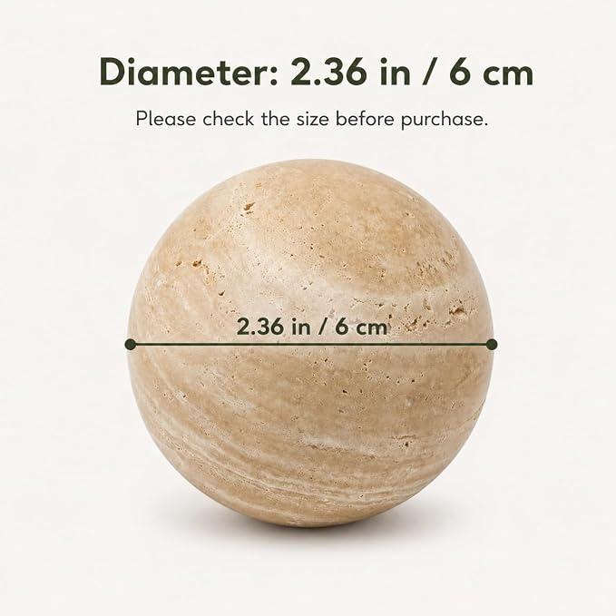 Natural Travertine Decorative Sphere, 2.36 Inch Stone Ball Decor, Hand-Polished Beige Orb Accent for Shelves, Dressers, Trays and Coffee Table