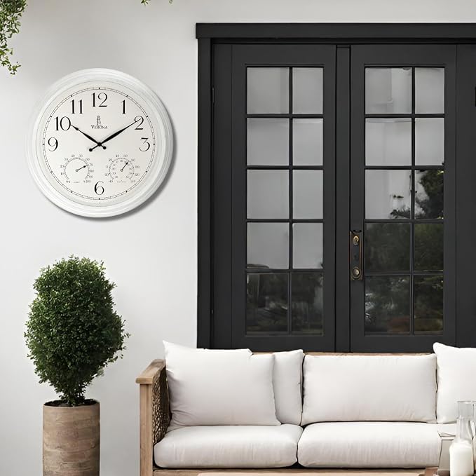 Outdoor Clocks for Patio Large Waterproof with Thermometer - White 18 inch Indoor Outdoor Wall Clock with Temperature and Humidity Combo - Weatherproof, Accurate & Easy to Read for Pool, Garden & Home
