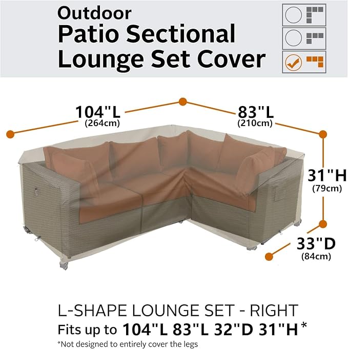 Heavy Duty Outdoor Sectional Cover, 104"X83" Waterproof 600D Patio Sectional Couch Protector, L-Shaped Lawn Patio Furniture Covers, Right Facing-Desert Khaki