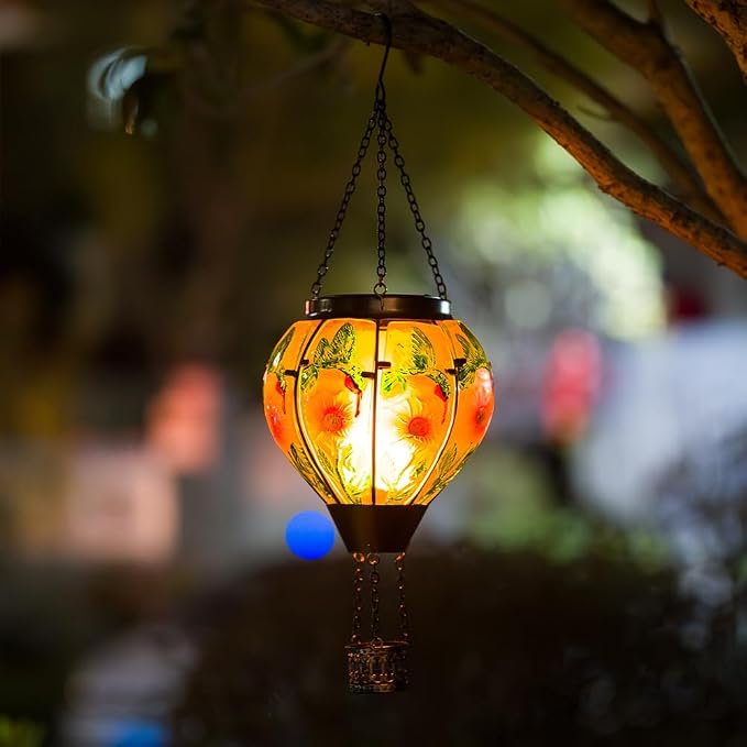 STARSOUL Hummingbird Solar Hot Air Balloon Lantern with Flickering Flame, Hanging Solar Lantern Outdoor Waterproof, Hot Air Balloon Solar Light Decorations for Garden Yard Lawn Porch Porch Backyard