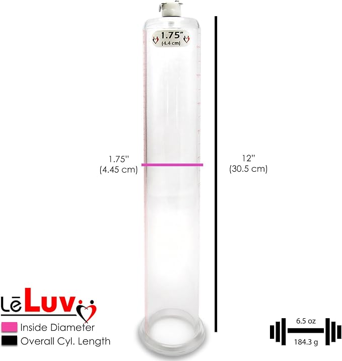 LeLuv Vibrating Penis Pump Maxi Red Handle + Protected Gauge - Bundle with Clear Hose - 12 inch Length x 1.75 inch Diameter Cylinder