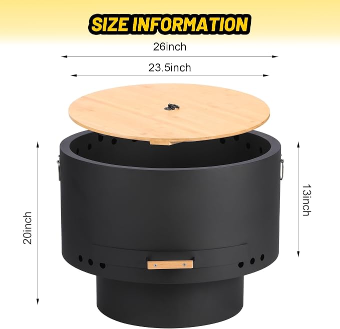 GarveeLife 26 in Smokeless Fire Pit with Removable Ash Pan, Wood Burning Firepit Table with Lid&Fire Poker,Smokeless Outdoor Fireplace with Dust Bag, Outdoor Fire Pits for BBQ, Table, Bonfire, Camping