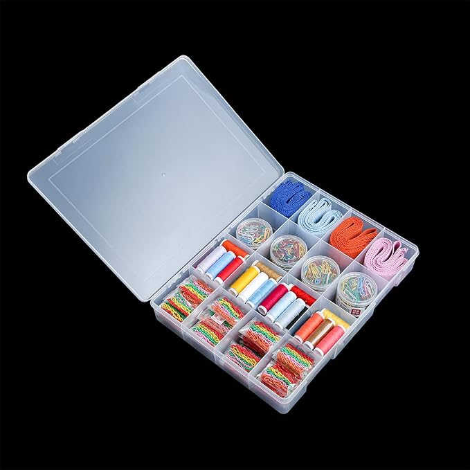 2 Pack Fixed 16 Grids Clear Plastic Large Compartment Container Case, Transparent Organizer Storage Divider Box with Lid for Bead, Button, Hardware, Screw, Sewing Kit, Craft Supplies