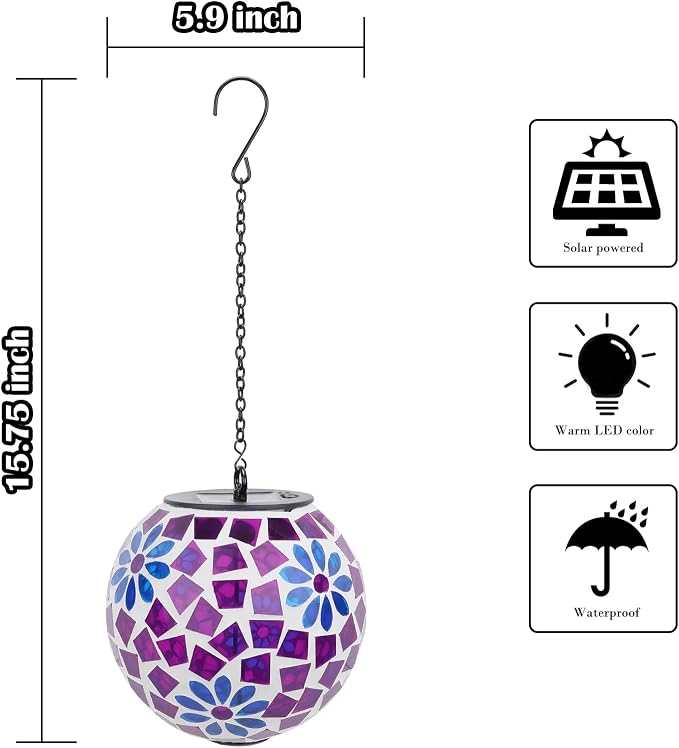 Mosaic Solar Lantern Outdoor Waterproof Glass Hanging Solar Lights, Purple | Solar Hanging Lantern IP44 Waterproof Mosaic Gazing Ball with White LED Lights, Metal Hanging Chain, Outdoor Pathway Decor