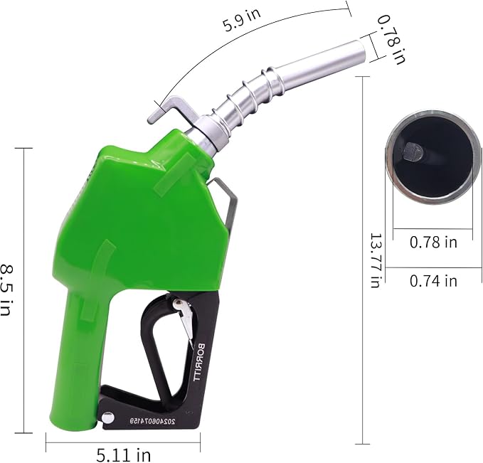 Green 3/4" Inch NPT Automatic Shut-Off Fuel Nozzle With Hook 13/16"Spout Max Flow Rate 16 GPM Perfect For Industry,Transportation Used for diesel,gasoline,kerosen