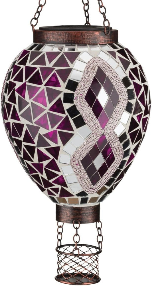 Regal Art & Gift Hot Air Balloon Solar Lantern – Hanging Solar-Powered LED Lights, Waterproof Portable Decorative Outdoor Lamp Made of Metal & Glass for Garden, Patios & Pathway - Mosaic Purple