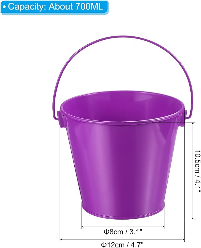 PATIKIL 4.7 Inch Colored Metal Buckets, 4 Pack Pencil Holder Buckets Round Metal Planter Pails Container with Handles for Classroom Crafts, Purple