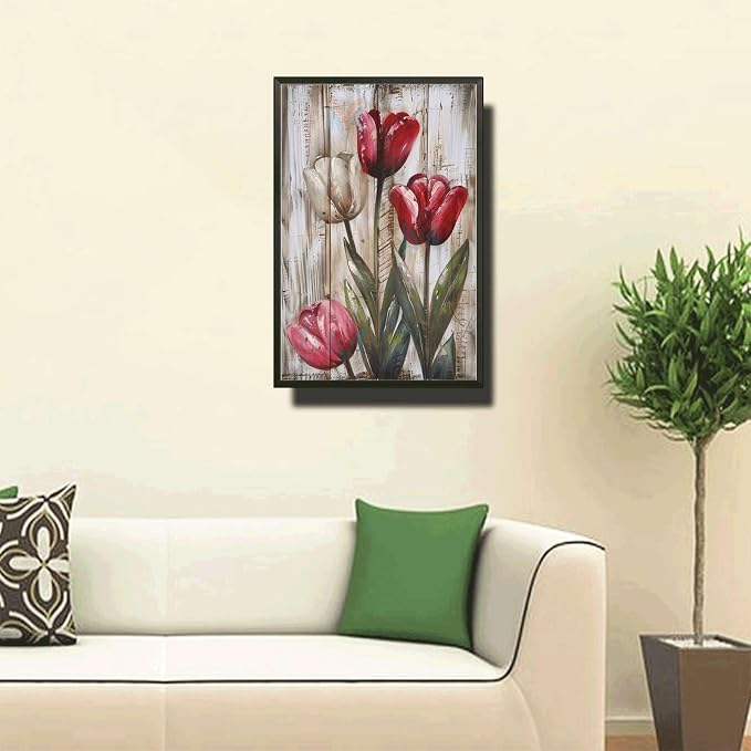 Metal Sign Tin Sign Vintage Rustic Tulips Tin Sign for Vintage Style Gardens Shabby Chic Decor and Distressed Wood Panels Home Deccor Store Home Decor for Pub 8×12 Inches with Metal Frame
