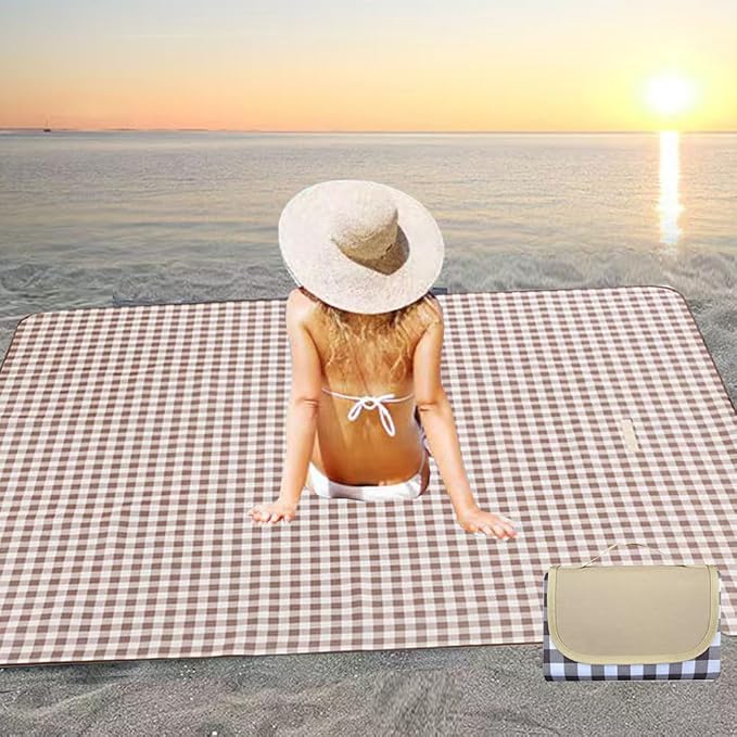 K Y KANGYUN Outdoor Picnic Blanket 80" x 80", Extra Large Beach Blanket, Foldable Lightweight Waterproof Sand Mat, Picnic Blanket for Beach Camping Hiking Park Patio (Brown, 80x80 inch)