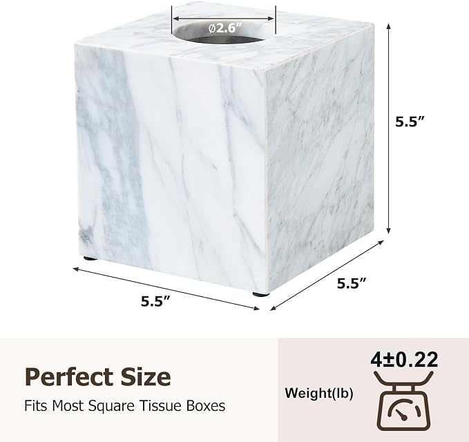 Real Natural Marble Tissue Box Cover, 5.5 Inch Square Marble Tissue Box Holder with Open Bottom, Heavy Stone Decorative Organizer for Bathroom Vanity, Kitchen Countertop, Luxury Home Décor