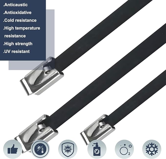 30PCS 11.8" Black Epoxy Coated Metal Zip Ties, Heavy Duty Self-Locking Stainless Steel, Corrosion Resistant for Harsh Environments, Ideal for Machinery, Vehicles, Farm, Cable & Pipe Binding