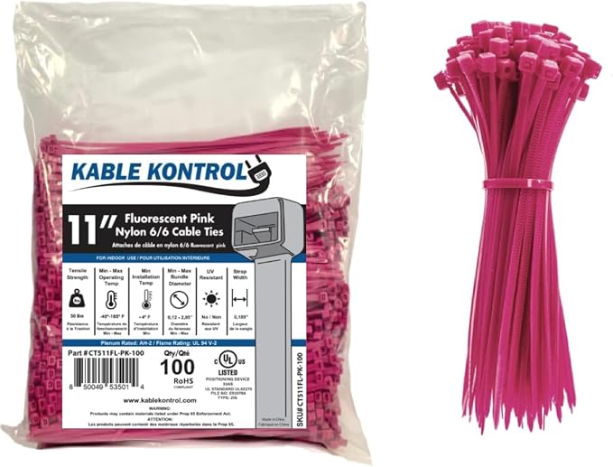 Kable Kontrol Fluorescent Pink Zip Ties 11 Inch 100 Pcs, 50 Lbs Tensile Strength, Self-locking Nylon Colored Cable Ties Wire Wraps for Indoor or Outdoor Use…