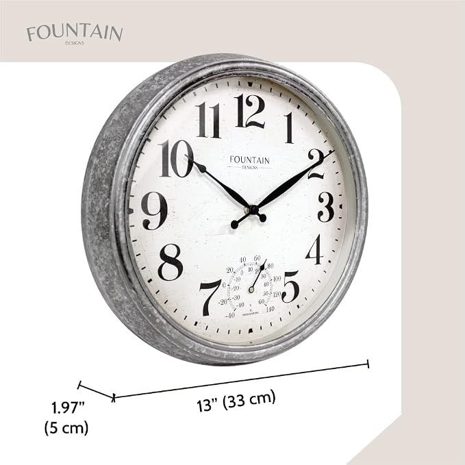 Maison in/Outdoor Clock with Thermometer, 2 in One Weather Station (Weather Thermometer/Wall Decoration) (Galvanized, 13 inch)