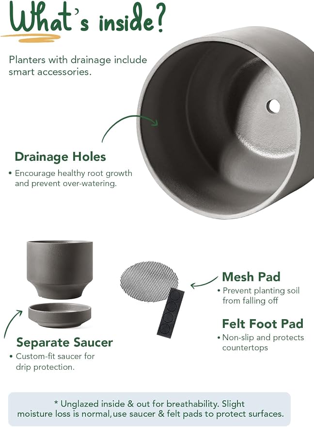 LE TAUCI 12 Inch Pot for Plants with Saucer, Ceramic Indoor Planter Pot with Drainage Hole, Mesh Pad Included, Unglazed Porous Ceramic, Modern for Home and Office, Charcoal Gray