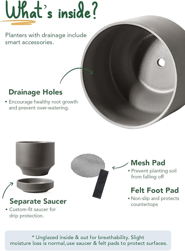 LE TAUCI 14 Inch Large Plant Pot with Saucer, Ceramic Outdoor & Indoor Big Planter with Drainage Hole, Mesh Pad Included, Unglazed Porous, Modern for Home and Patio, Charcoal Gray
