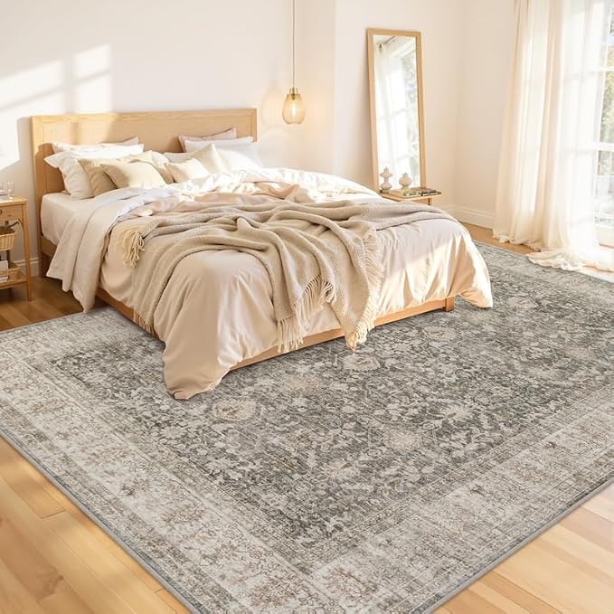 10x12 Area Rugs Living Room: Bedroom Washable Carpet Warm Taupe | Vintage Boho Soft Small Indoor Decor Floor Non-Slip Low Pile Neutral Farmhouse Entryway Laundry Bathroom Bedroom Beside Rugs