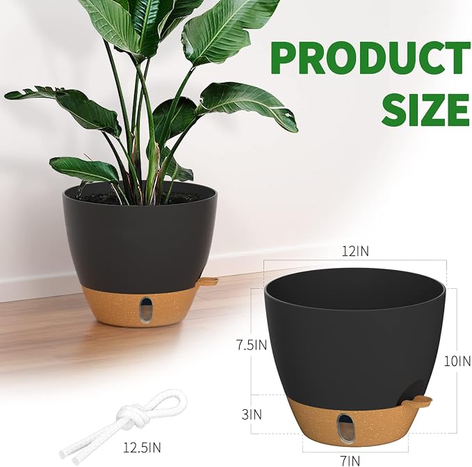 12 Inch Self Watering Pot for Indoor Outdoor Plants, Large Plastic Planter with Visual Water Window, Drainage Holes & Watering Lip, Modern Decorative Flower Pot (Black)