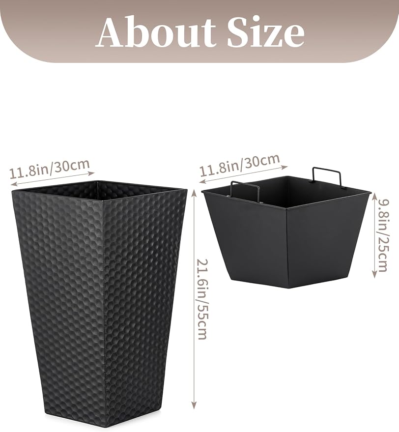 Sziqiqi Tall Planter for Indoor Outdoor: Set of 2 Large 21.6in Metal Taper Plant Pots with Inner Pots - Square Black Flower Pot with Drainage Holes for Outside Front Door Patio Garden Floor