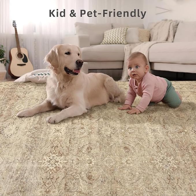 3x5 Washable Area Rugs for Bedroom: Entryway Rug with Non Slip Backing Low Pile Soft Faux Wool Distressed Vintage Boho Small Throw Rugs for Living Room Kitchen Office Nursery Entrance Enytry Indoor